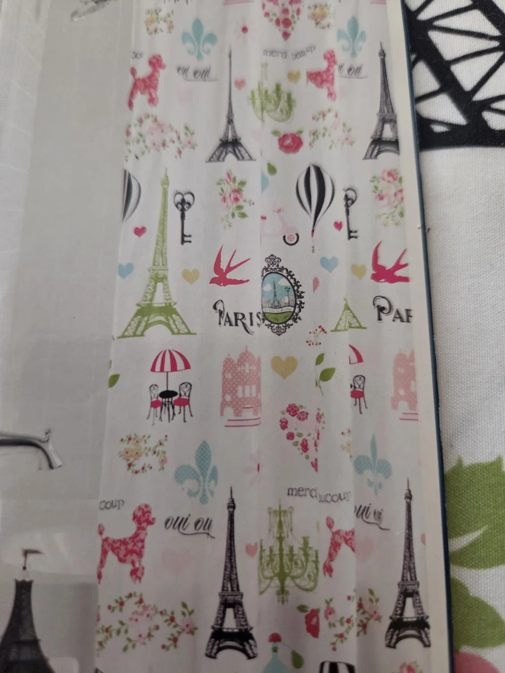 Your Zone Fabric Shower Curtain - Paris Print in White, Black, Pink, Green